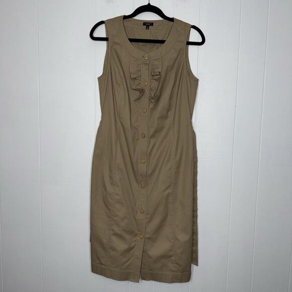 Talbots Women’s Button Front Sheath Dress Ruffle Detail Khaki Brown Size 6 - Picture 1 of 5